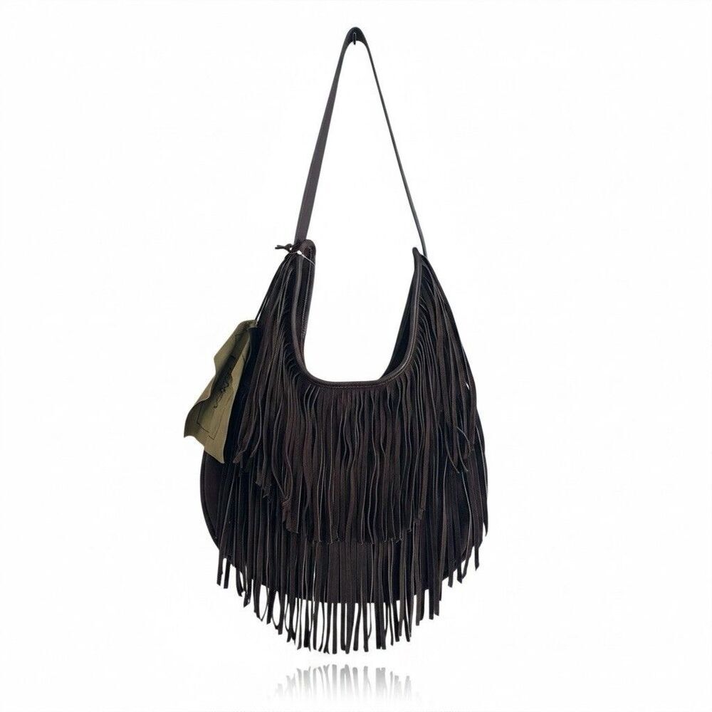 Vilenca Holland Dark Brown Suede Fringe Hobo Bag Boho Festival Western NWT